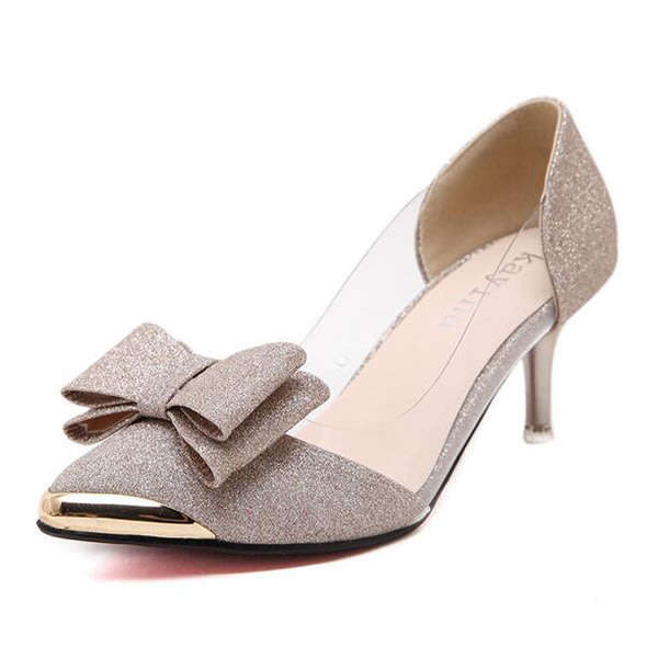 SHOES/WOMENS SHOES/POINTED TOE SHOES/GOLD SHOES/STILETTO SHOES/BOW DETAIL SHOES/PUMP SHOES
