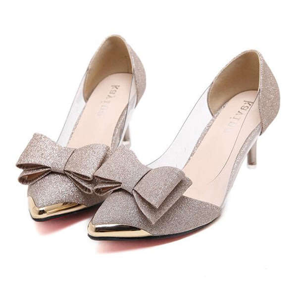 SHOES/WOMENS SHOES/POINTED TOE SHOES/GOLD SHOES/STILETTO SHOES/BOW DETAIL SHOES/PUMP SHOES