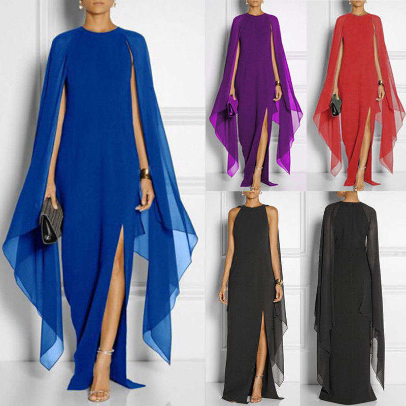 Local Stock Ladies Elegant Formal Blue Chiffon Split Sleeve Maxi Evening Party Dress Size Large