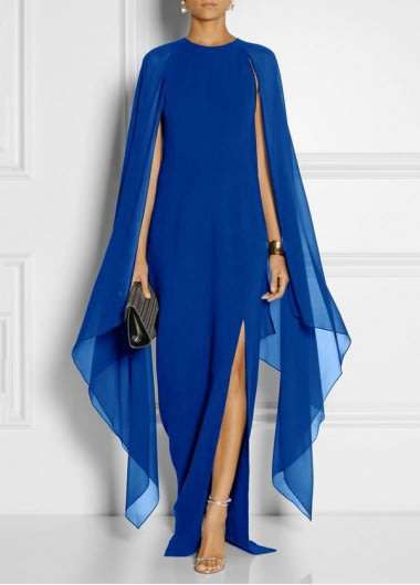 Local Stock Ladies Elegant Formal Blue Chiffon Split Sleeve Maxi Evening Party Dress Size Large