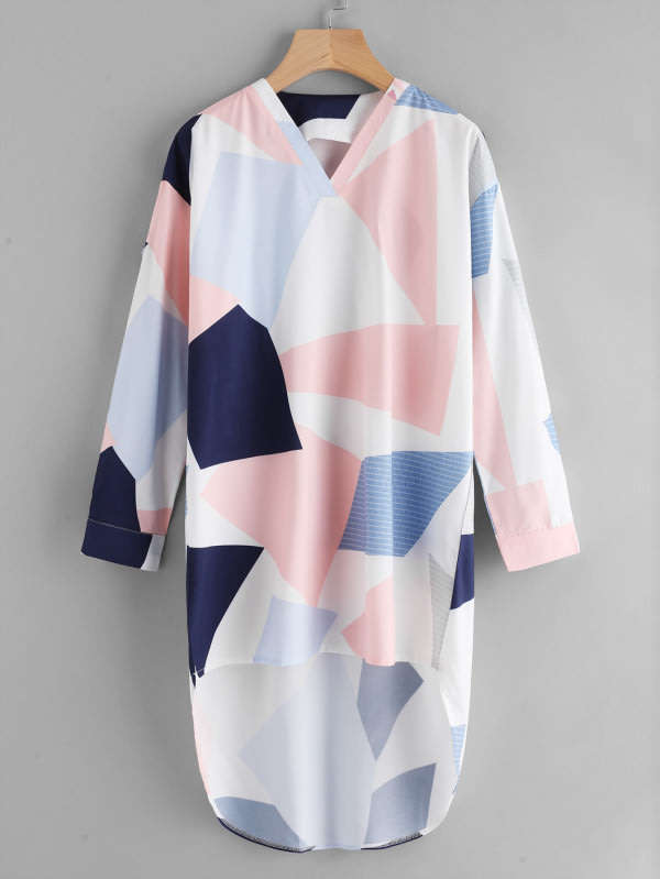 TOPS/WOMENS BLOUSE/LONG BLOUSE/PINK BLUE BLOUSE/COLOR BLOCK BLOUSE/CASUAL BLOUSE/PRINTED BLOUSE