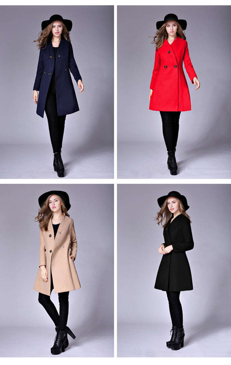 Women Camel Double Breasted Solid Long Sleeve Winter Woollen Coat