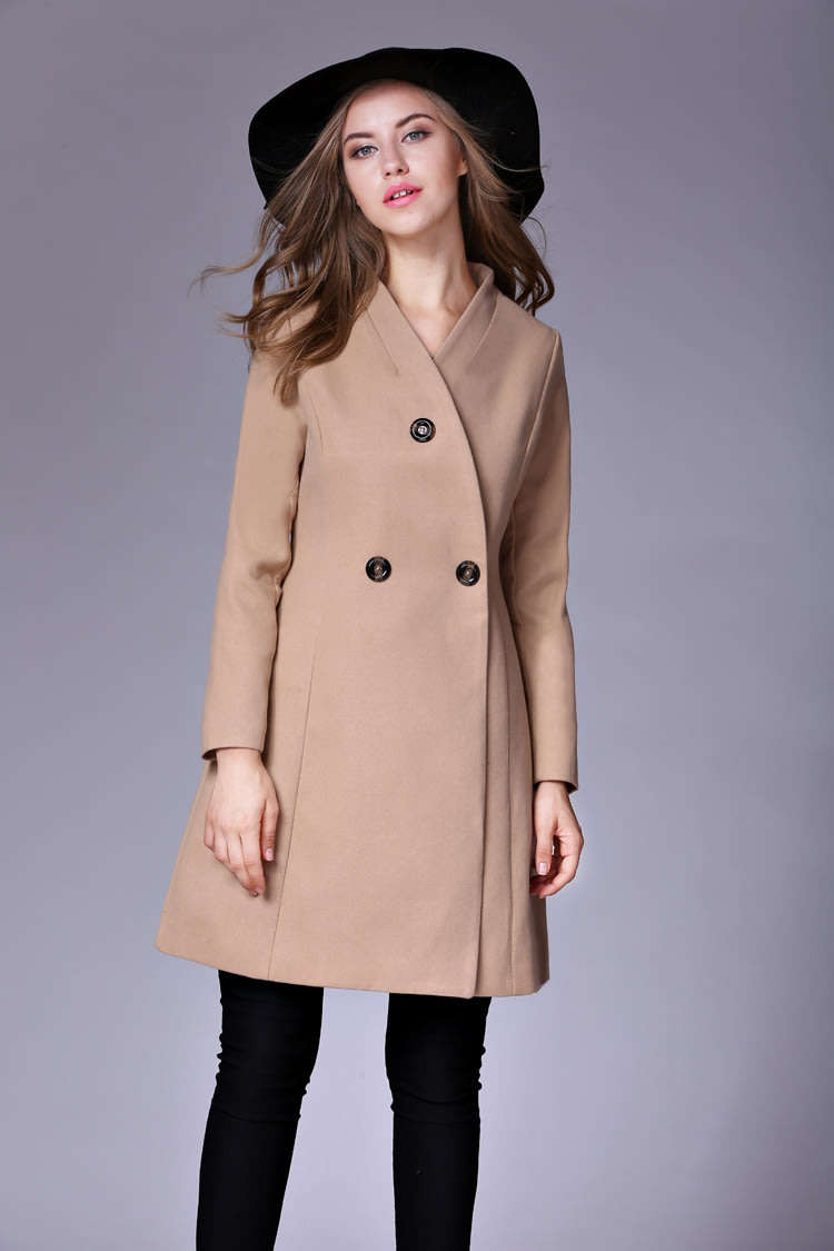 Women Camel Double Breasted Solid Long Sleeve Winter Woollen Coat