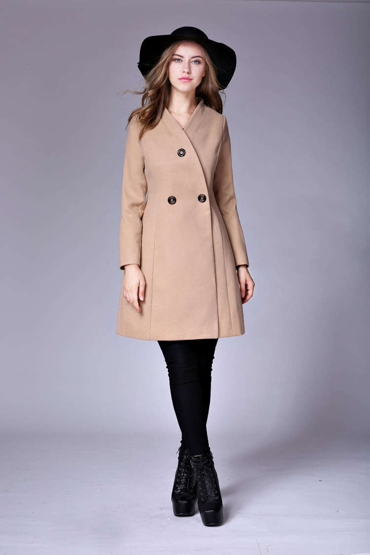 Women Camel Double Breasted Solid Long Sleeve Winter Woollen Coat