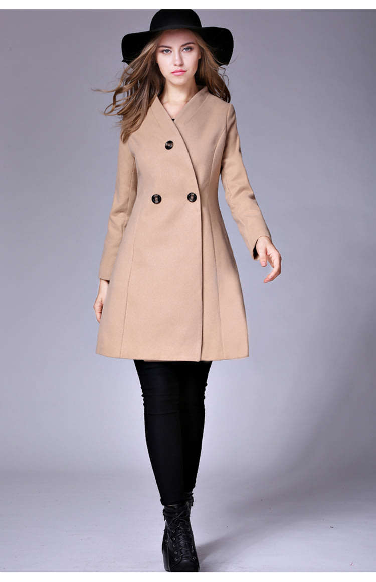 Women Camel Double Breasted Solid Long Sleeve Winter Woollen Coat