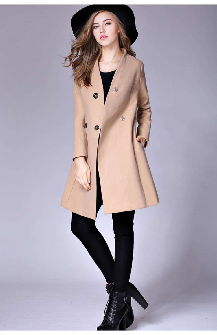 Women Camel Double Breasted Solid Long Sleeve Winter Woollen Coat