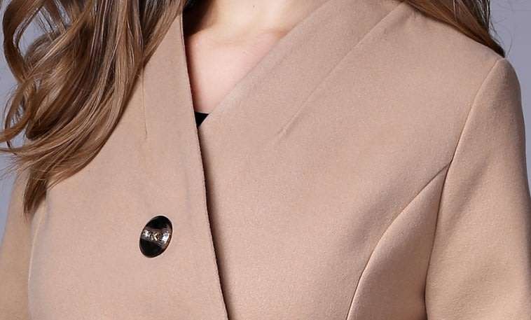 Women Camel Double Breasted Solid Long Sleeve Winter Woollen Coat