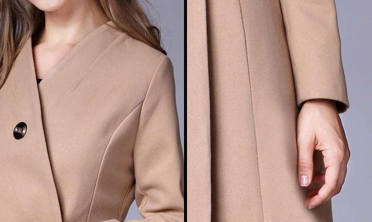 Women Camel Double Breasted Solid Long Sleeve Winter Woollen Coat