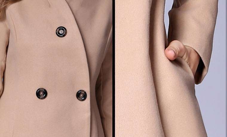 Women Camel Double Breasted Solid Long Sleeve Winter Woollen Coat