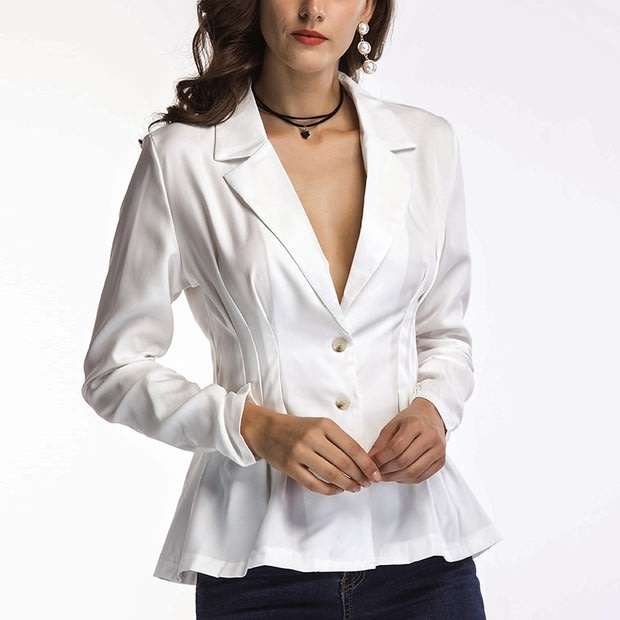 White Long Sleeve Peplum Lapel Office Blazer Jacket