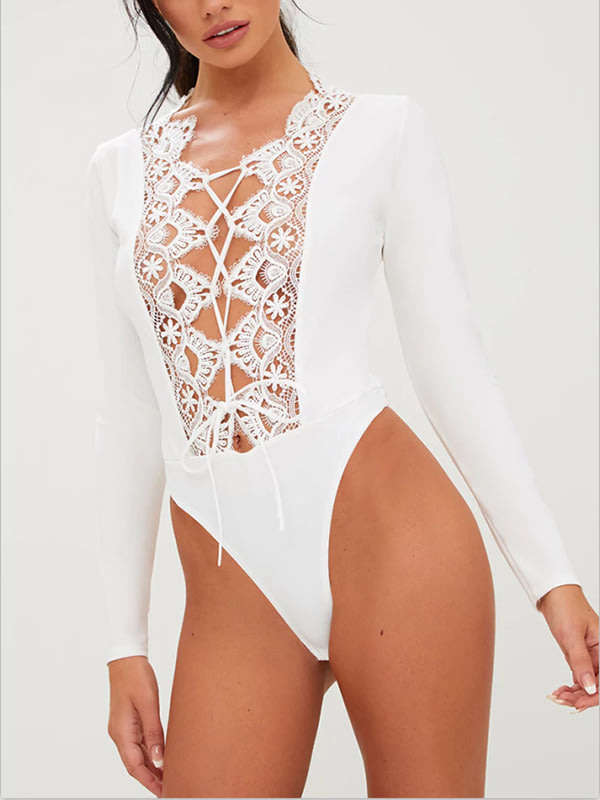 BODYSUITS/BODYSUIT/WHITE BODYSUIT/LACE BODYSUIT/LONG SLEEVE BODYSUIT/LACE-UP BODYSUIT