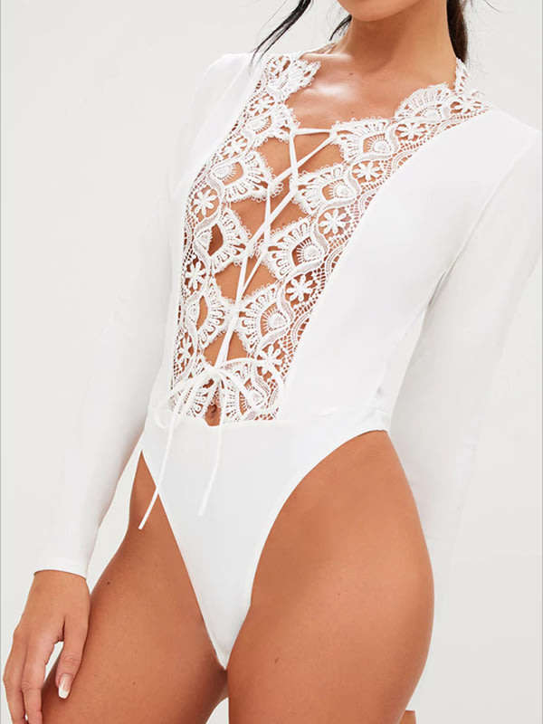 BODYSUITS/BODYSUIT/WHITE BODYSUIT/LACE BODYSUIT/LONG SLEEVE BODYSUIT/LACE-UP BODYSUIT
