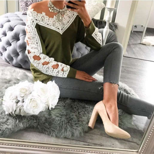 Green Lace Long Sleeve Off Shoulder Top