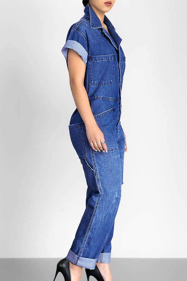 JUMPSUIT/JUMPSUITS/DENIM JUMPSUITS/CASUAL JUMPSUIT/SHORT SLEEVE JUMPSUIT/BUTTON-UP DENIM JUMPSUITS