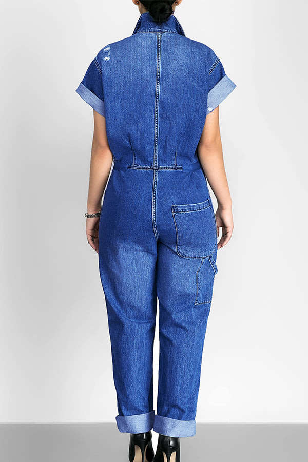 JUMPSUIT/JUMPSUITS/DENIM JUMPSUITS/CASUAL JUMPSUIT/SHORT SLEEVE JUMPSUIT/BUTTON-UP DENIM JUMPSUITS