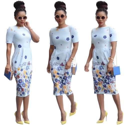 Floral Light Blue Printed Casual Midi Dress