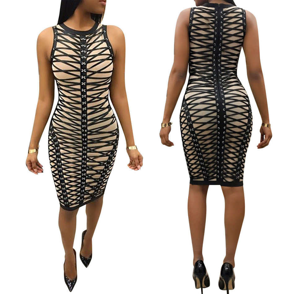 Nude Illusion Black Bodycon Lace-Up Dress Party Dresses