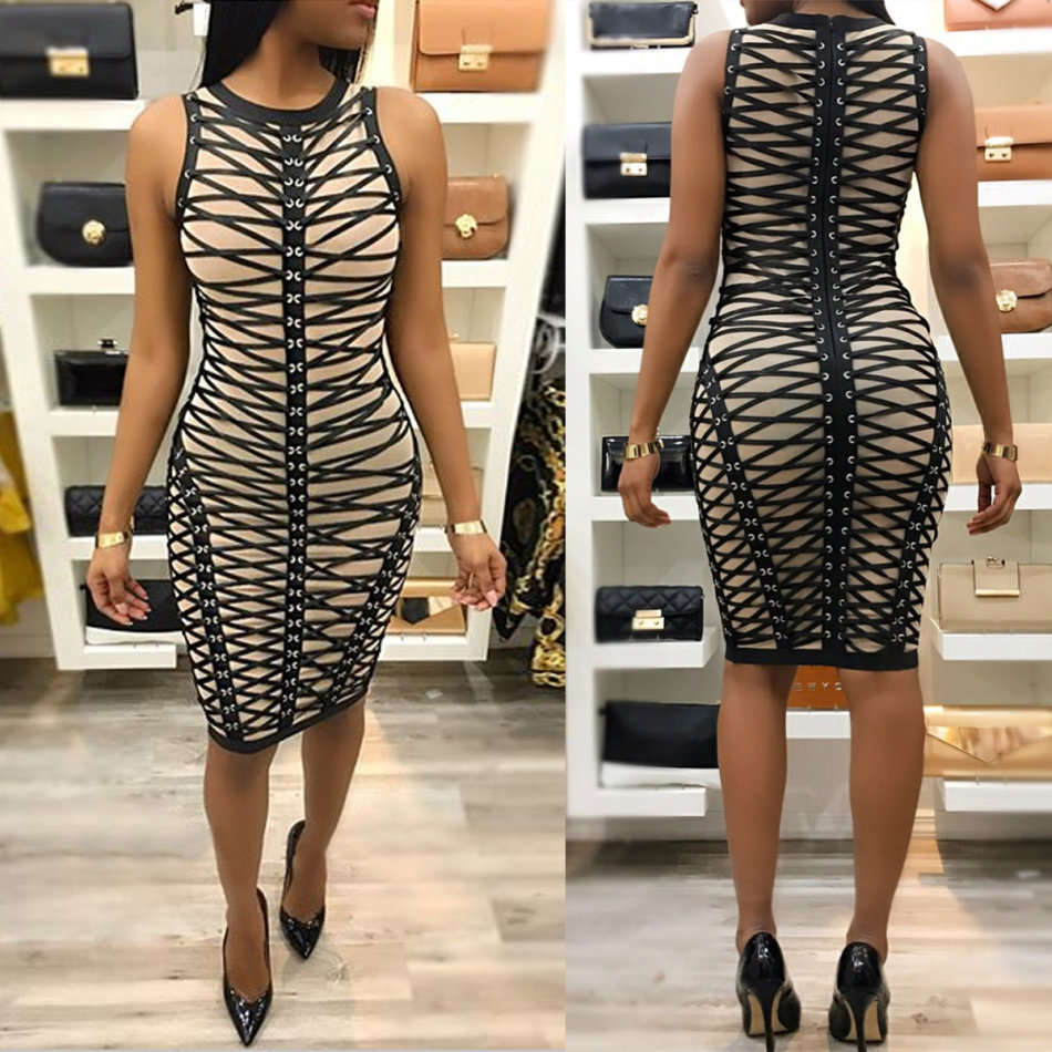 Nude Illusion Black Bodycon Lace-Up Dress Party Dresses