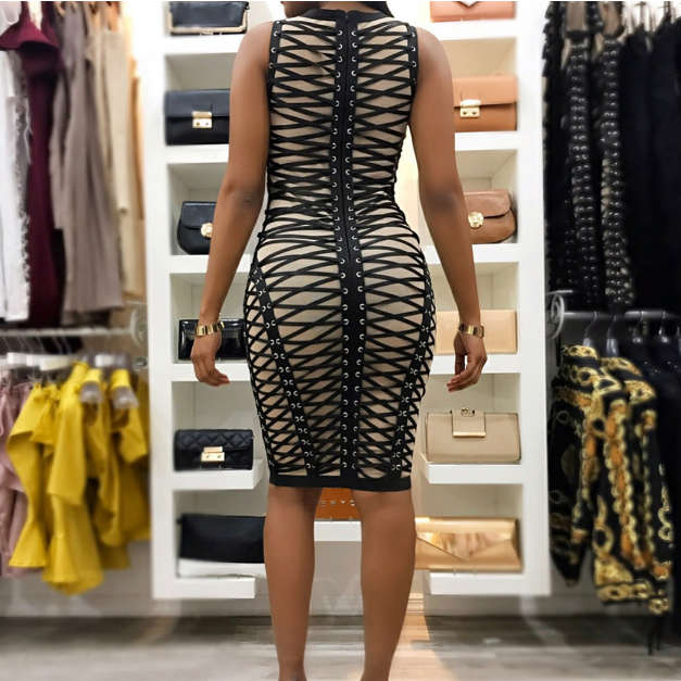 Nude Illusion Black Bodycon Lace-Up Dress Party Dresses