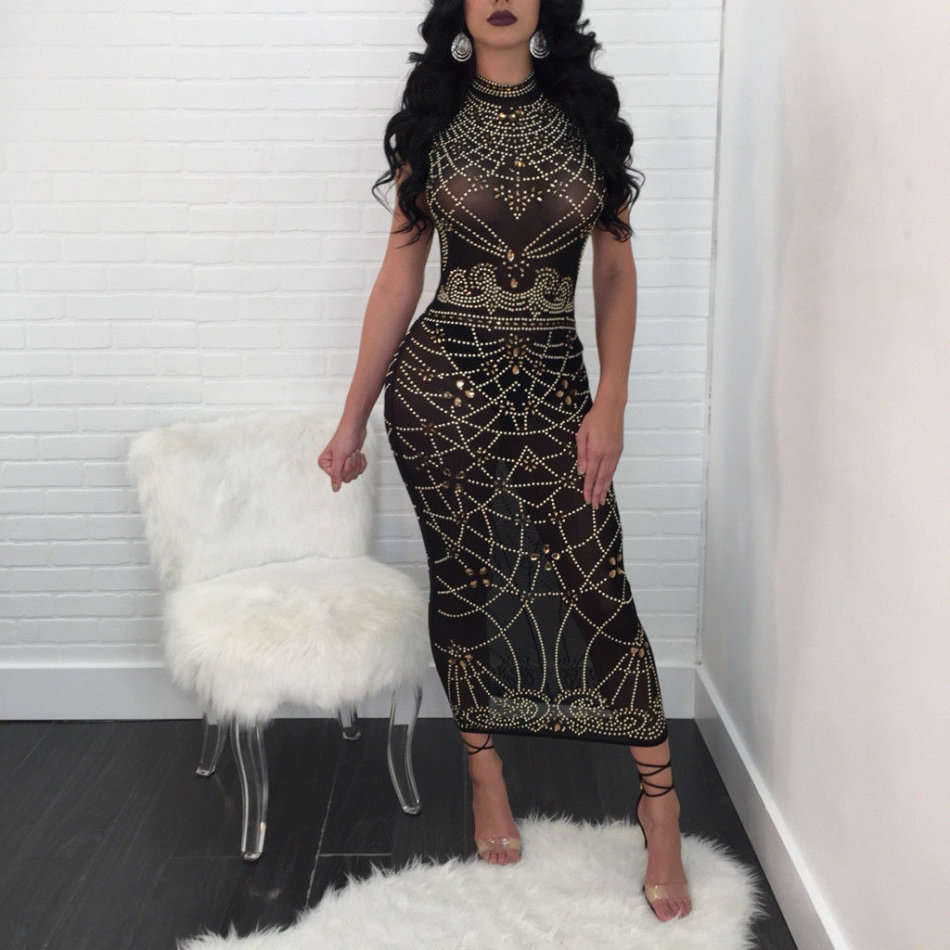 DRESSES/DRESS/MIDI DRESS/TRANSPARENT DRESS/BLACK DRESS/BODYCON DRESS/STUDDED DRESS/PARTY DRESS