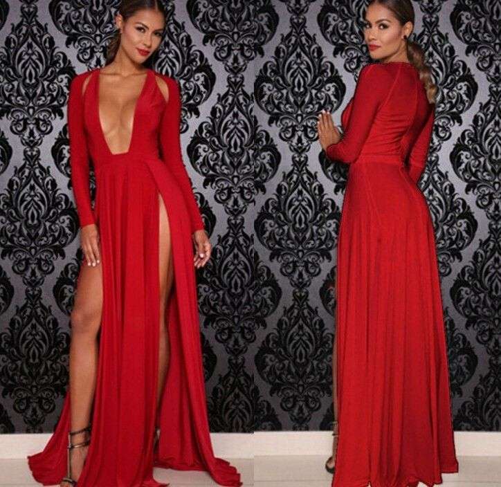 Red sexy high slit evening dresses