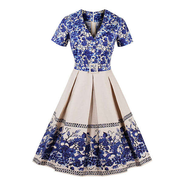 Vintage Pleated Blue Belted Floral A-Line Dresses