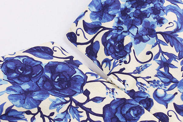 Vintage Pleated Blue Belted Floral A-Line Dresses