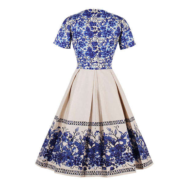 Vintage Pleated Blue Belted Floral A-Line Dresses