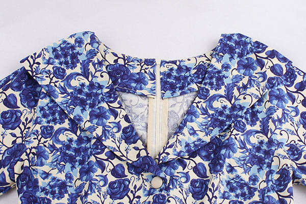 Vintage Pleated Blue Belted Floral A-Line Dresses