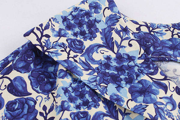 Vintage Pleated Blue Belted Floral A-Line Dresses