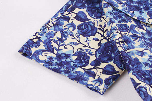 Vintage Pleated Blue Belted Floral A-Line Dresses