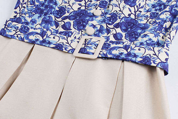 Vintage Pleated Blue Belted Floral A-Line Dresses