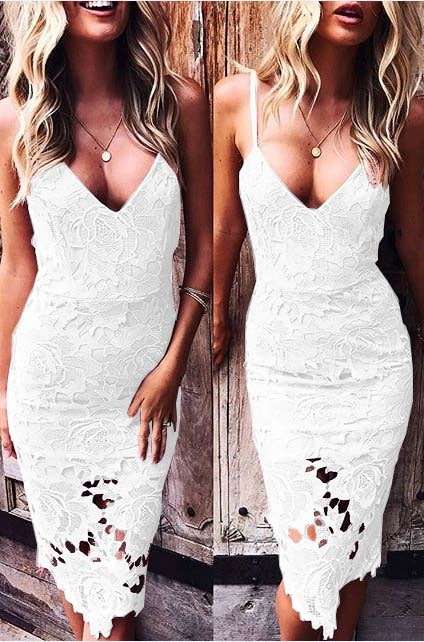 White Lace Spaghetti Strap Cocktail Midi Dresses