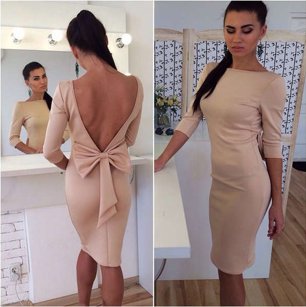 Beige Cocktail Midi Bodycon Party Bow Dresses