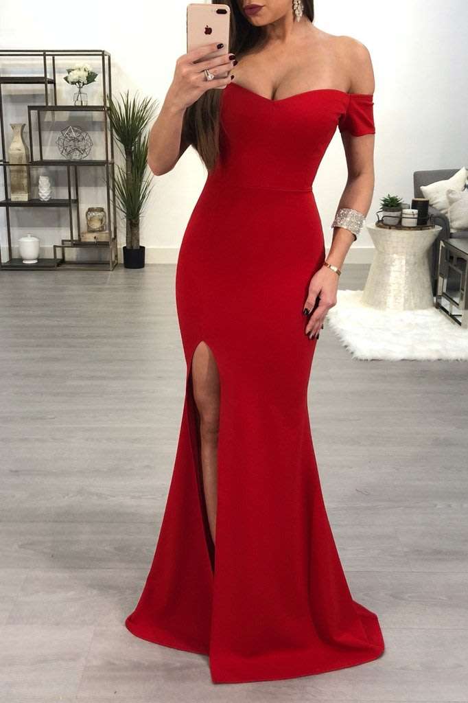 Off shoulder red formal maxi evening dresses