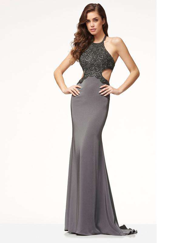 Grey sleeveless halter neck evening dress