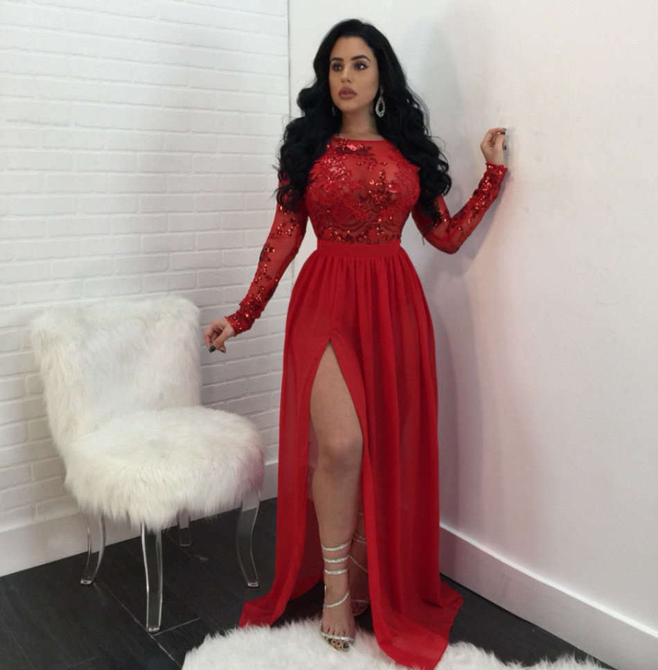 Red Cocktail Sequin Evening Dress