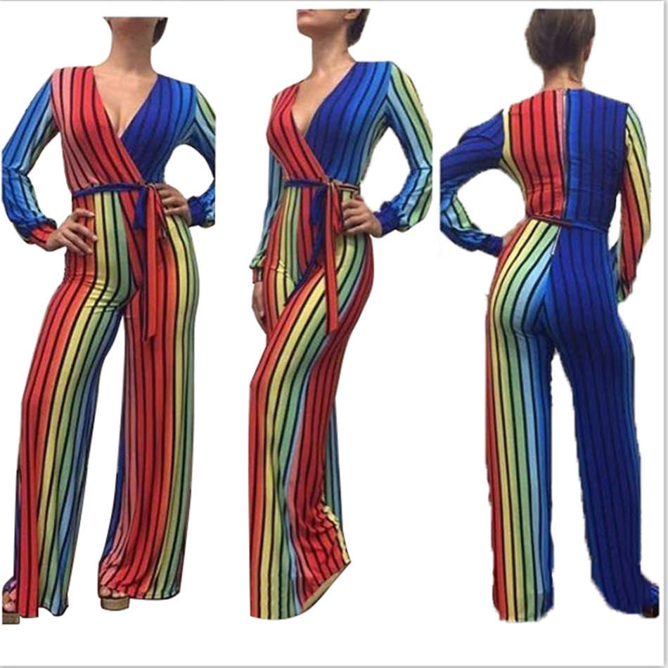 Striped Colorful Wide Leg Belted Jumpsuits