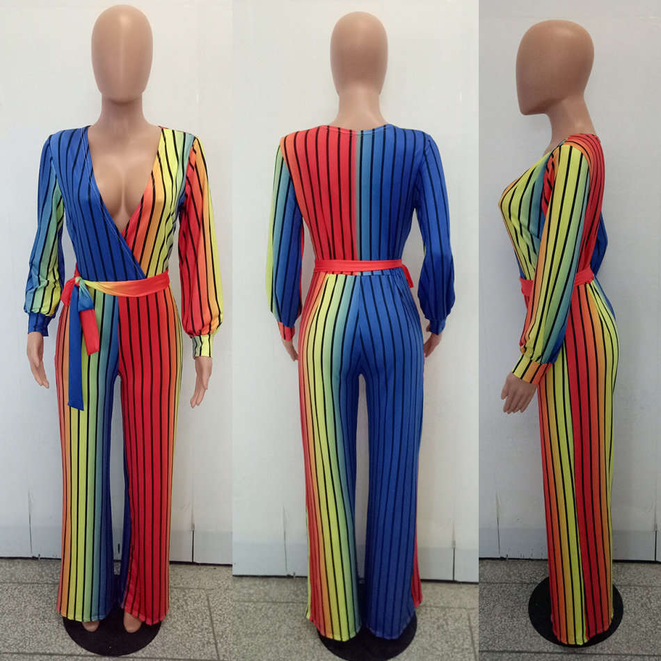 Striped Colorful Wide Leg Belted Jumpsuits