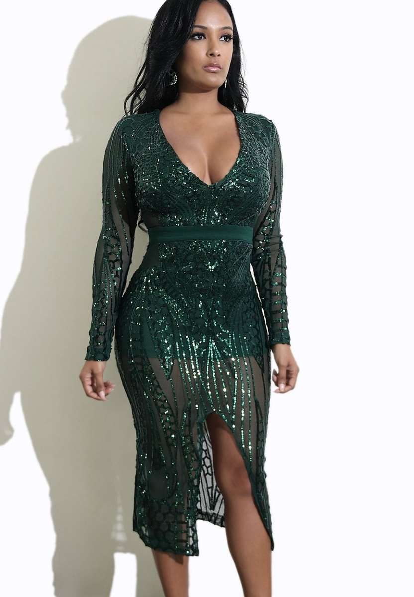 Green Cocktail Sequin Evening Dress