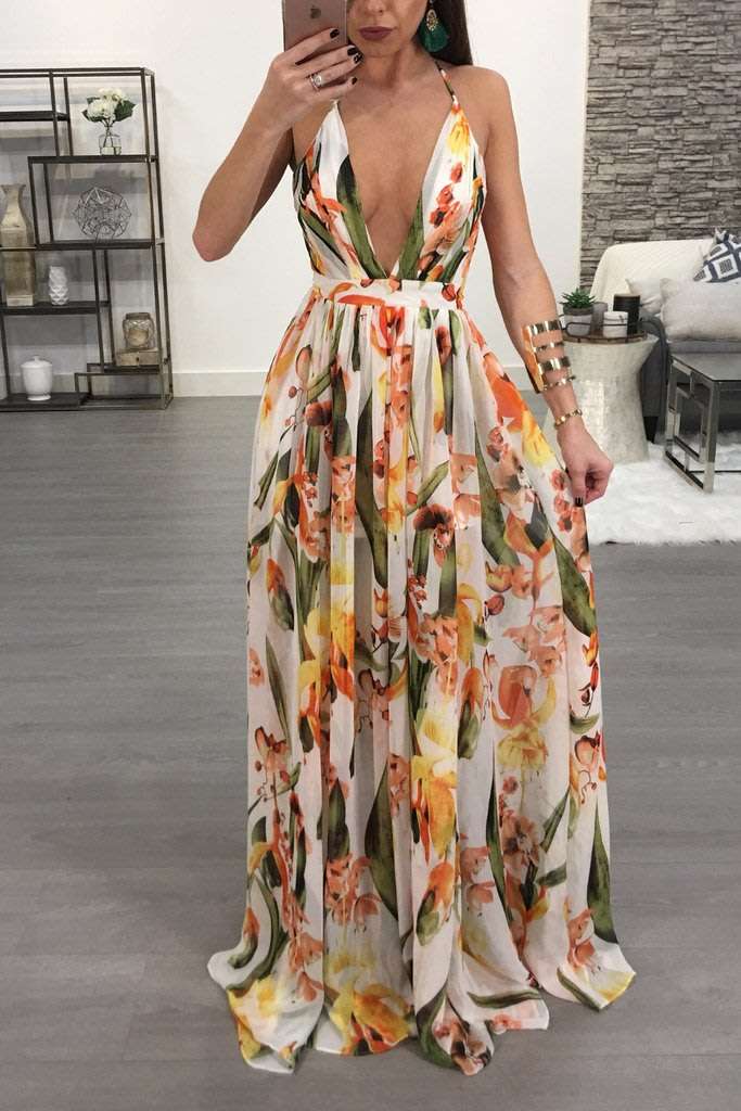 White Floral Print Sleeveless Maxi Dresses