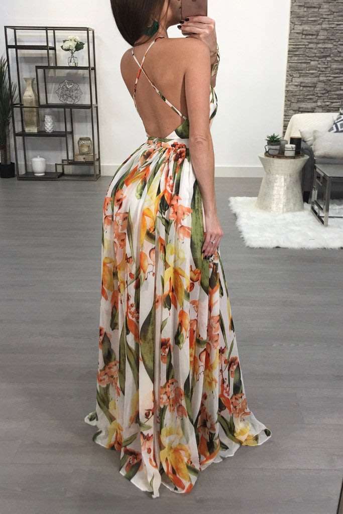 White Floral Print Sleeveless Maxi Dresses
