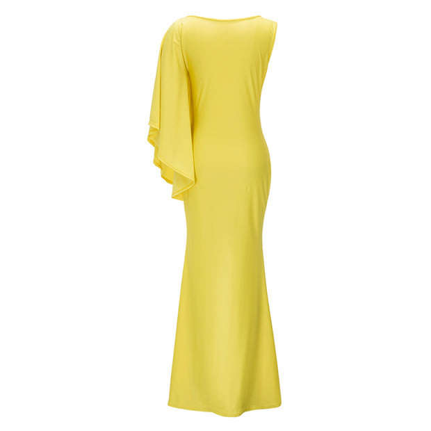 Yellow one sleeve wrap evening dresses