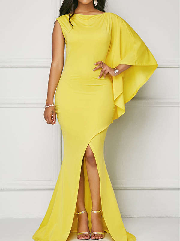 Yellow one sleeve wrap evening dresses