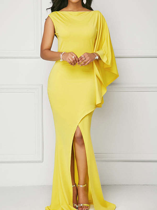 Yellow one sleeve wrap evening dresses