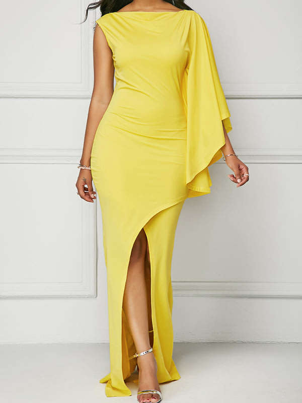 Yellow one sleeve wrap evening dresses