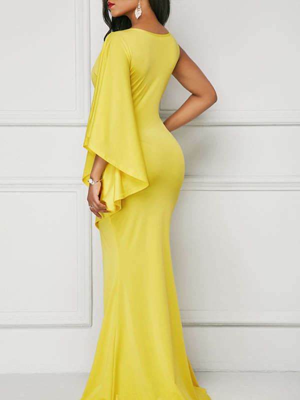 Yellow one sleeve wrap evening dresses