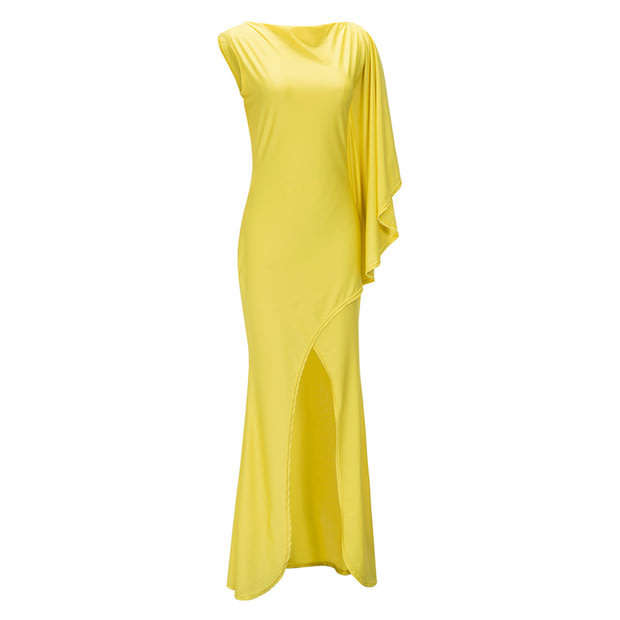 Yellow one sleeve wrap evening dresses