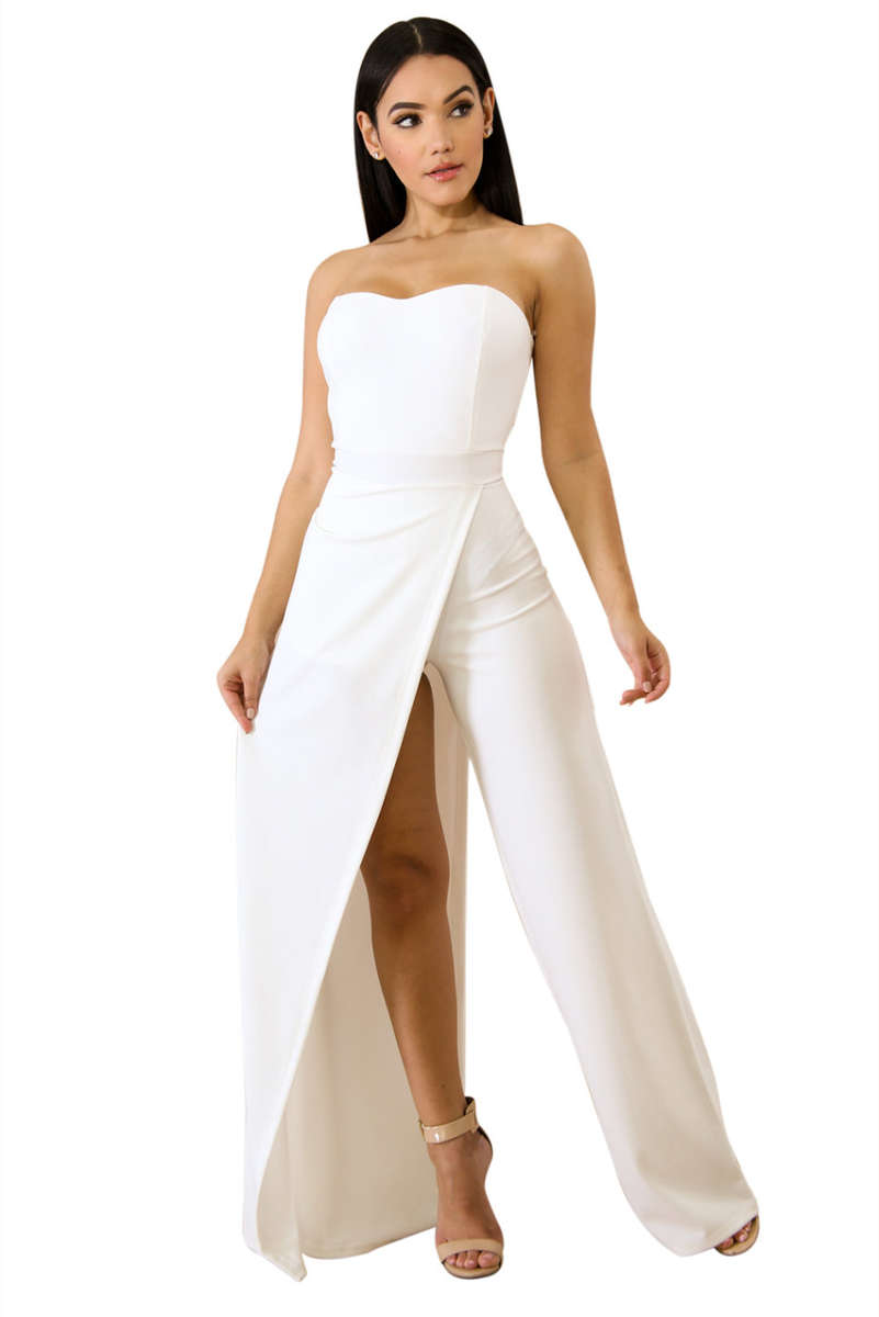 Strapless White Wide Leg Slit Jumpsuit