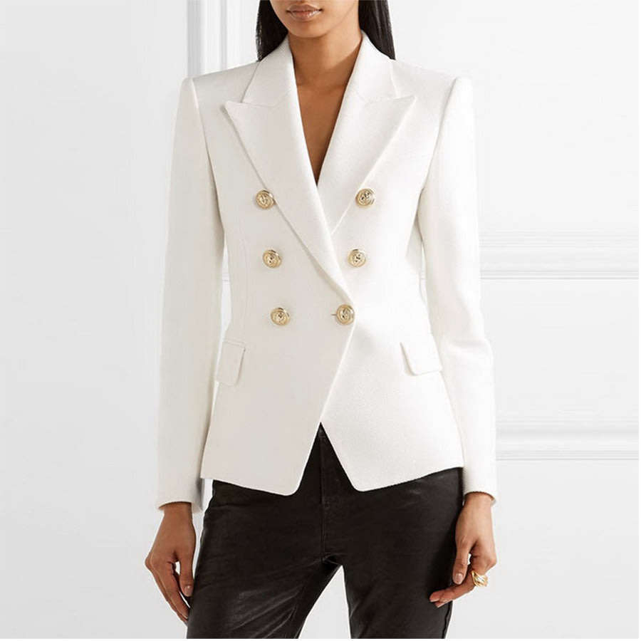 Womens White Notched Double Breasted Blazer Office Jackets